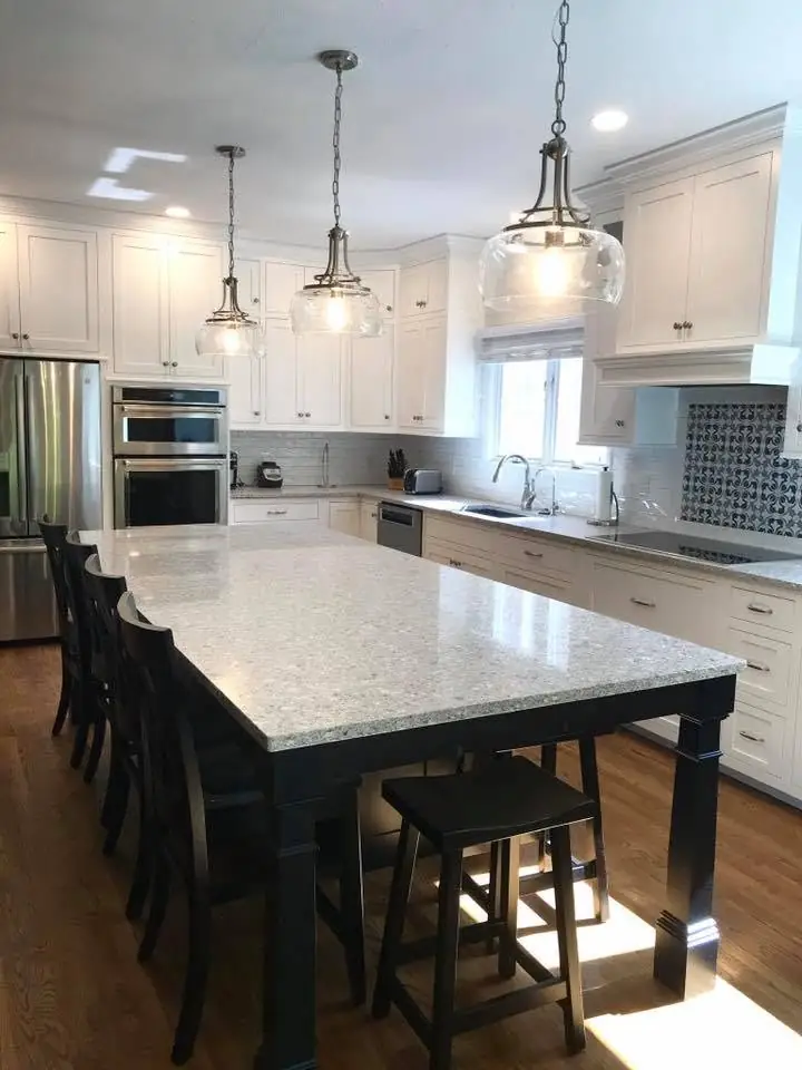 Kitchen island renovation with seating and custom cabinetry